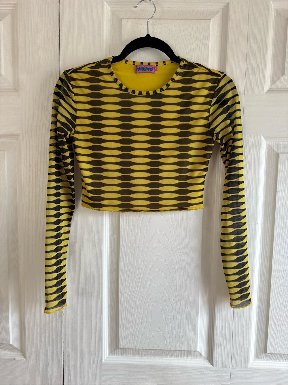 Edikted Yellow Black Print Long Sleeve Mesh Crop Top Rave Festival S Party Grung